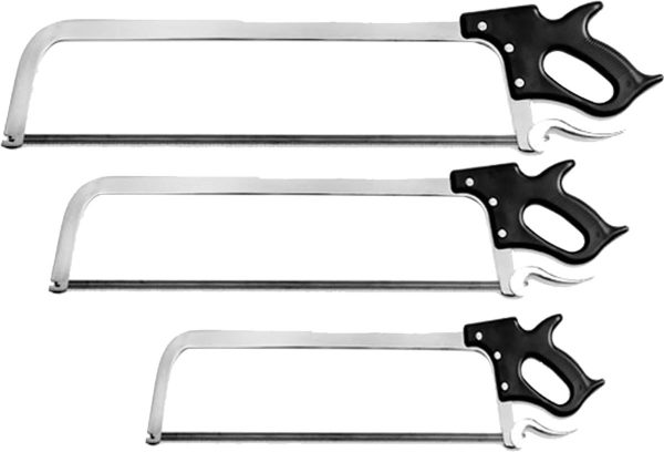 Three silver hacksaws with black handles arranged in a stack.