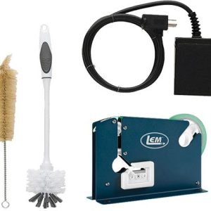 Cleaning brushes, electrical cord, LEM meat grinder parts, silicone spray can, and packaged wild game meat and sausage labels.