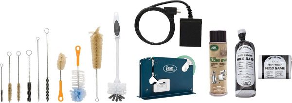 Cleaning brushes, electrical cord, lem meat grinder parts, silicone spray can, and packaged wild game meat and sausage labels.