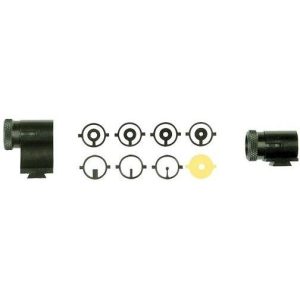 Black firearm sight set with multiple interchangeable reticle options, including circular and line designs.