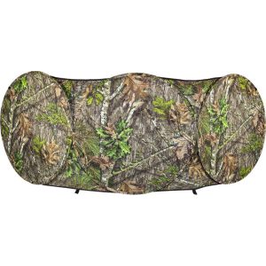 Camouflage pop-up hunting blind with a forest pattern.