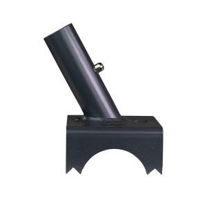 A black metal mounting bracket with an angled tube and a locking pin against a white background.