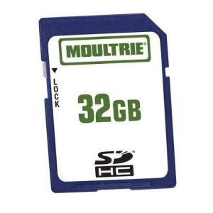 A blue Moultrie 32GB SDHC memory card.