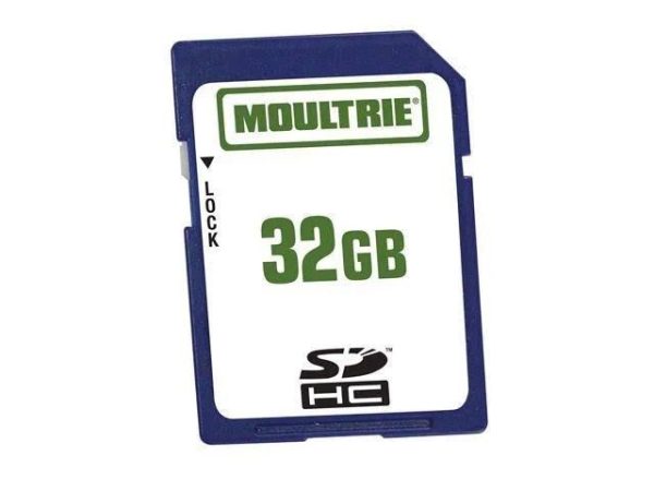 A blue moultrie 32gb sdhc memory card.