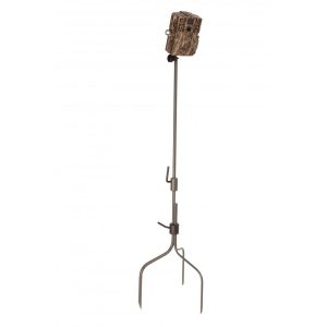 Feeder stand with a camo-patterned trail camera mounted on a silver metal pole.