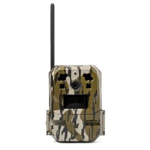 Camouflage trail camera with antenna, featuring green, brown, and beige pattern.