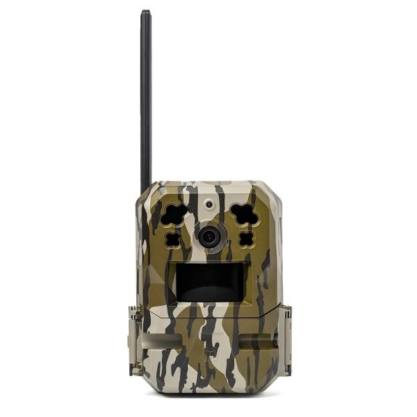 Camouflage trail camera with antenna, featuring green, brown, and beige pattern.