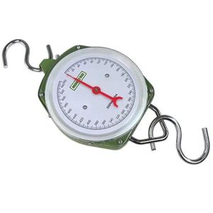 Green analog hanging scale with a white dial and red pointer, featuring metal hooks on top and bottom.