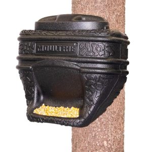 A black Moultrie game feeder attached to a tree, dispensing yellow corn kernels.