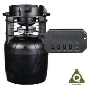 Black Moultrie Quick-Lock feeder kit with adjustable settings panel.