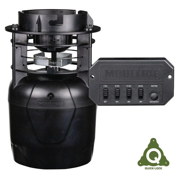 Black moultrie quick-lock feeder kit with adjustable settings panel.