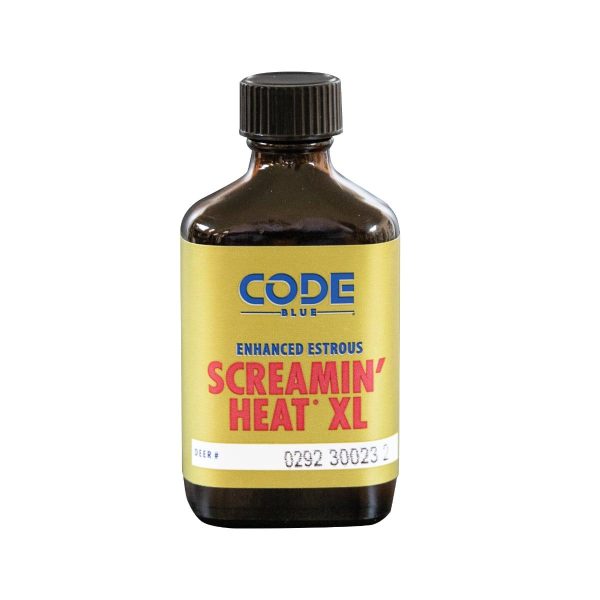 Dark brown bottle with yellow label featuring blue and red text reading "code blue screamin' heat xl. "