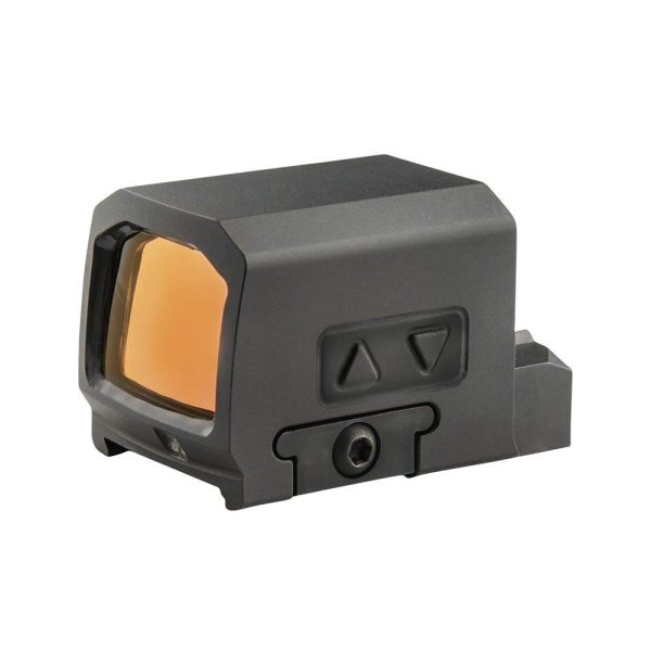 Black firearm accessory with orange-tinted lens, featuring two buttons on the side.