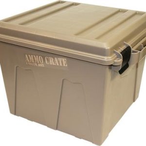 Beige ammo crate utility box with "Ammocrate" text, durable plastic construction, black handle for secure carrying, suitable for storing firearms, guns, and ammunition, ideal for transportation or storage in Casey, Iowa.