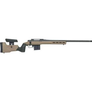 Rifle with tan stock and olive green accents, black barrel and scope rail, displayed on a white background.