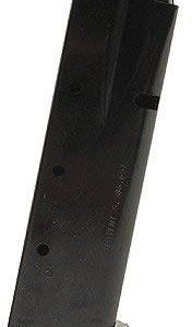 Black firearm magazine, standing upright, isolated on a white background.