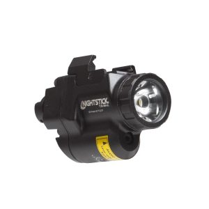 Black Nightstick TCM-365-GL weapon light with a visible LED bulb and a warning label on the side.