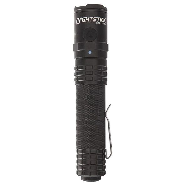 Black nightstick usb-558xl flashlight with textured grip and metal clip.