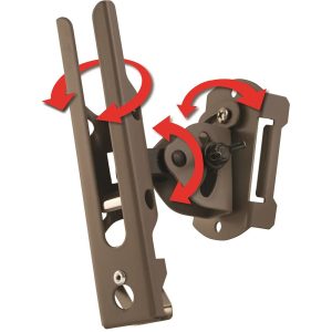 Brown firearm accessory with mounting bracket and pivot points, featuring red directional arrows.