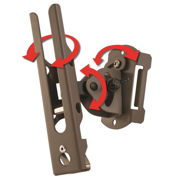 Brown firearm accessory with mounting bracket and pivot points, featuring red directional arrows.