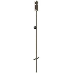 Steel target stand with a T-shaped base, adjustable height knob, and a gray finish.