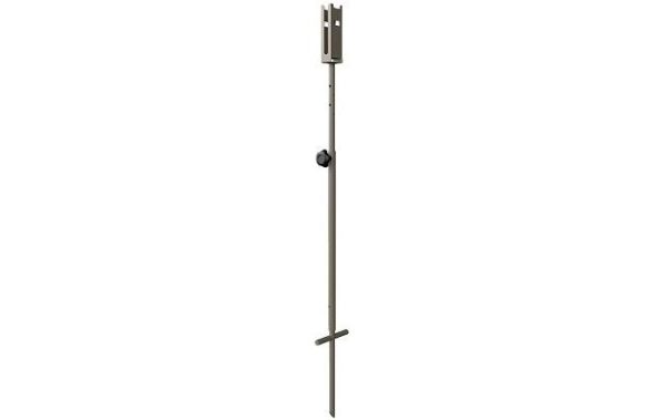 Steel target stand with a t-shaped base, adjustable height knob, and a gray finish.