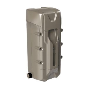 Tan hard-shell gun case with black wheels and metallic rivet details.