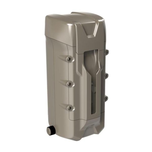 Tan hard-shell gun case with black wheels and metallic rivet details.