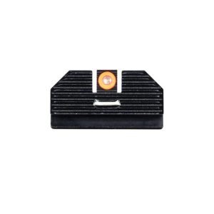 Black gun sight with a textured surface, featuring an orange ring around a central point.
