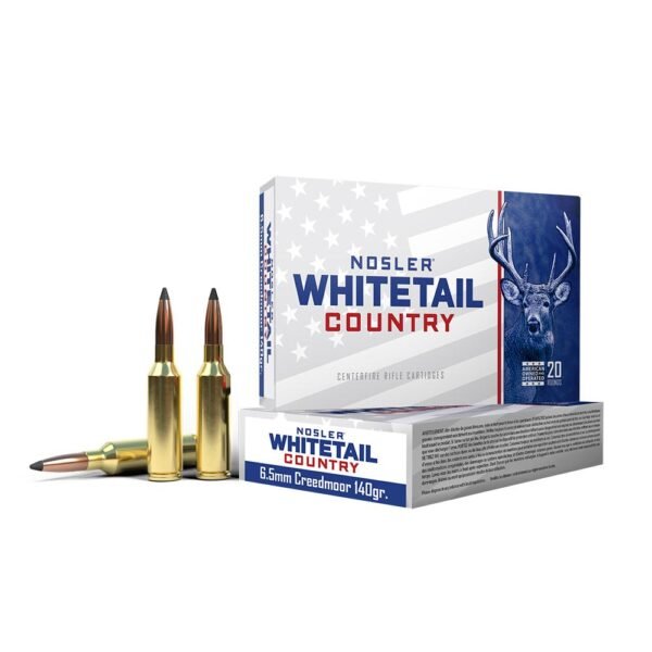 Nosler whitetail country 6. 5mm creedmoor 140gr ammo box with two gold cartridges, featuring a white box with american flag design and a blue illustration of a deer.