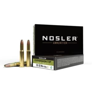 Box of nosler 30-30 win 150 grain expansion tip lead-free ammunition with three brass cartridges standing upright.