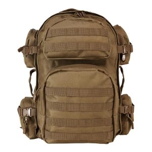 Tactical backpack in olive green with MOLLE webbing and large compartments, designed for firearm and ammo storage; used in Casey, Iowa.