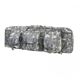 Camouflage tactical gun bag with multiple compartments and straps, suitable for firearms and ammo storage.