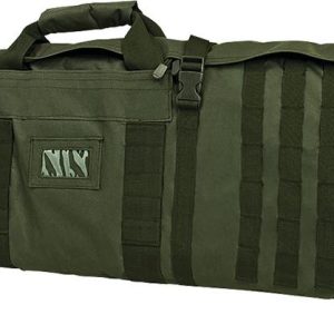 Olive green tactical firearm bag with multiple straps and pouches, ideal for gun and ammo storage, seen in Casey, Iowa.