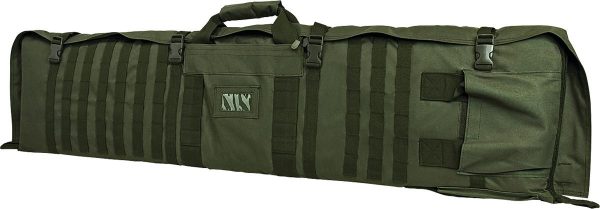 Olive green tactical firearm bag with multiple straps and pouches, ideal for gun and ammo storage, seen in casey, iowa.