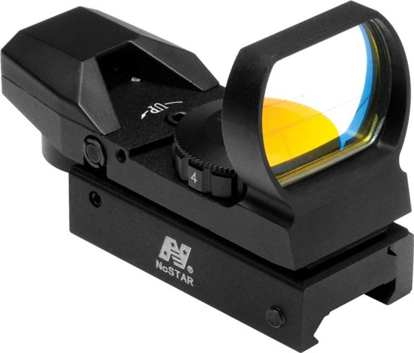 Ncstar black reflex sight with yellow-tinted lens, used for firearms, guns, and ammo accessories.