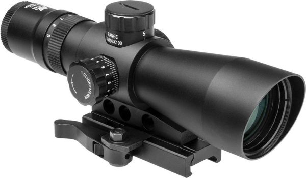 Black rifle scope with adjustable magnification and tactical mount.