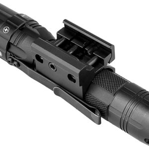 A black tactical flashlight with textured grip and mounting bracket.