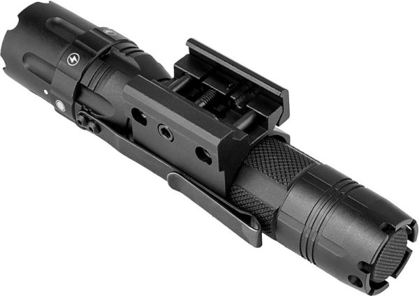 A black tactical flashlight with textured grip and mounting bracket.