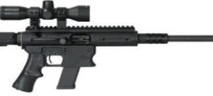 Black rifle with a sleek design, featuring a long barrel and telescopic sight.