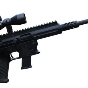 Black semi-automatic rifle with a telescopic sight attached, featuring a tactical grip and an adjustable stock.