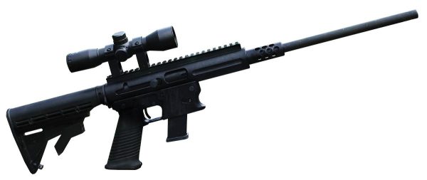 Black semi-automatic rifle with a telescopic sight attached, featuring a tactical grip and an adjustable stock.