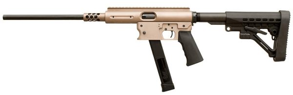 Alt text: tan and black semi-automatic rifle with a long barrel and tactical stock.