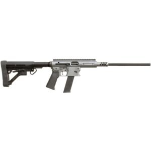 Gray and black rifle with a sleek, modern design, featuring a silver finish on the upper receiver and barrel, and a black adjustable stock and grip, ideal for firearm enthusiasts in iowa.