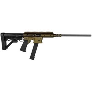 A black and olive green tactical rifle with a long barrel and an adjustable stock.