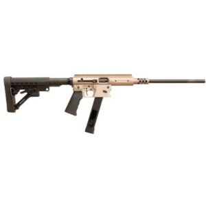 Tactical rifle with tan and black components, featuring a black adjustable stock, tan receiver, and a long black barrel.