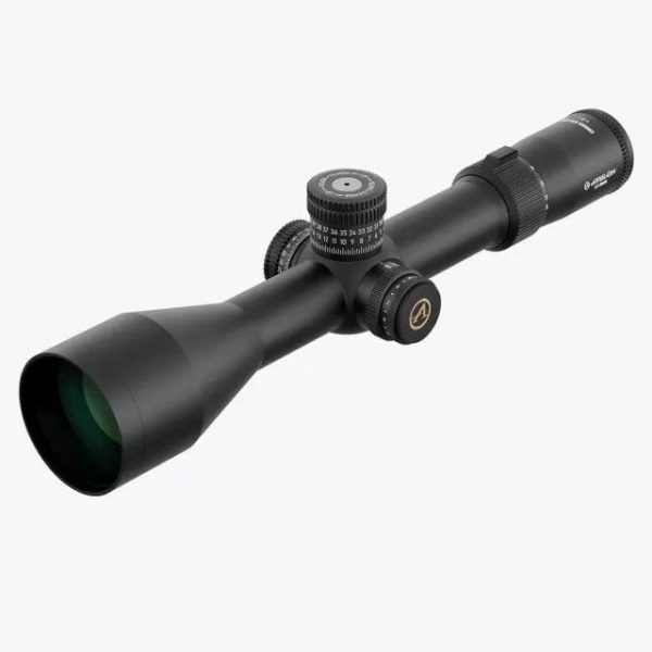 Black rifle scope with adjustment knobs and green-tinted lens