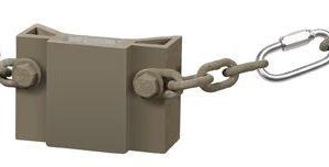 A brown metal block connected to a chain with two hex bolts and a metal carabiner.