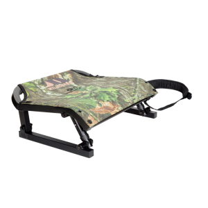Camo-patterned folding stool with a black metal frame and shoulder strap.