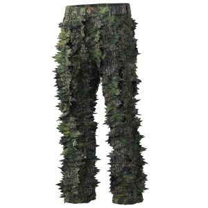 Camouflage ghillie pants with 3D leaf detailing in shades of green and brown.